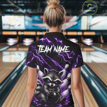 Load image into Gallery viewer, Back view of woman wearing a purple neon lightning raccoon bowling polo shirt inside a bowling alley.