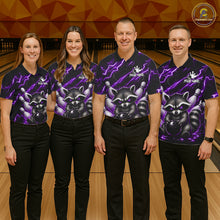 Load image into Gallery viewer, Bowling team wearing matching purple neon lightning raccoon bowling jerseys during tournament play front view.