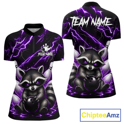 Purple neon lightning raccoon bowling quarter zip shirt for women built for league play and tournaments.