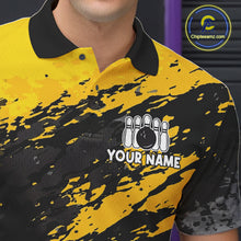 Load image into Gallery viewer, Close-up of a yellow banana grunge bowling polo shirt collar, buttons, and funny artwork.