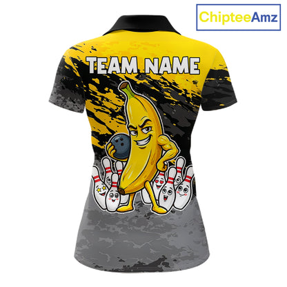 Yellow funny banana grunge bowling polo shirt for women with custom team graphics.