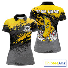 Load image into Gallery viewer, Yellow funny banana grunge bowling polo shirt for women with custom team graphics.