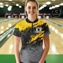 Load image into Gallery viewer, Woman wearing a yellow funny banana bowling quarter zip jersey during league competition front view.