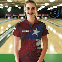 Load image into Gallery viewer, Woman wearing a retro Texas flag bowling polo shirt at a bowling alley front view.