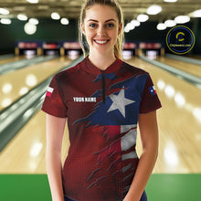 Load image into Gallery viewer, Woman wearing a retro Texas flag bowling quarter zip jersey during bowling league play front view.