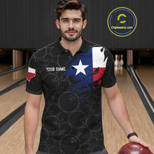 Load image into Gallery viewer, Man wearing a US flag Texas bowling polo shirt at a bowling alley front view.