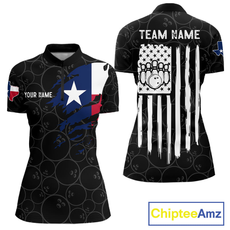US flag Texas bowling quarter zip shirt for women built for league competition and tournaments.