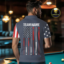 Load image into Gallery viewer, Man wearing personalized navy American flag 8 ball pool billiard polo shirt back view.