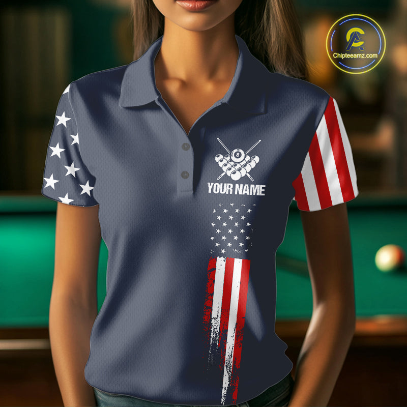 Woman wearing personalized navy American flag 8 ball pool billiard polo shirt front view.