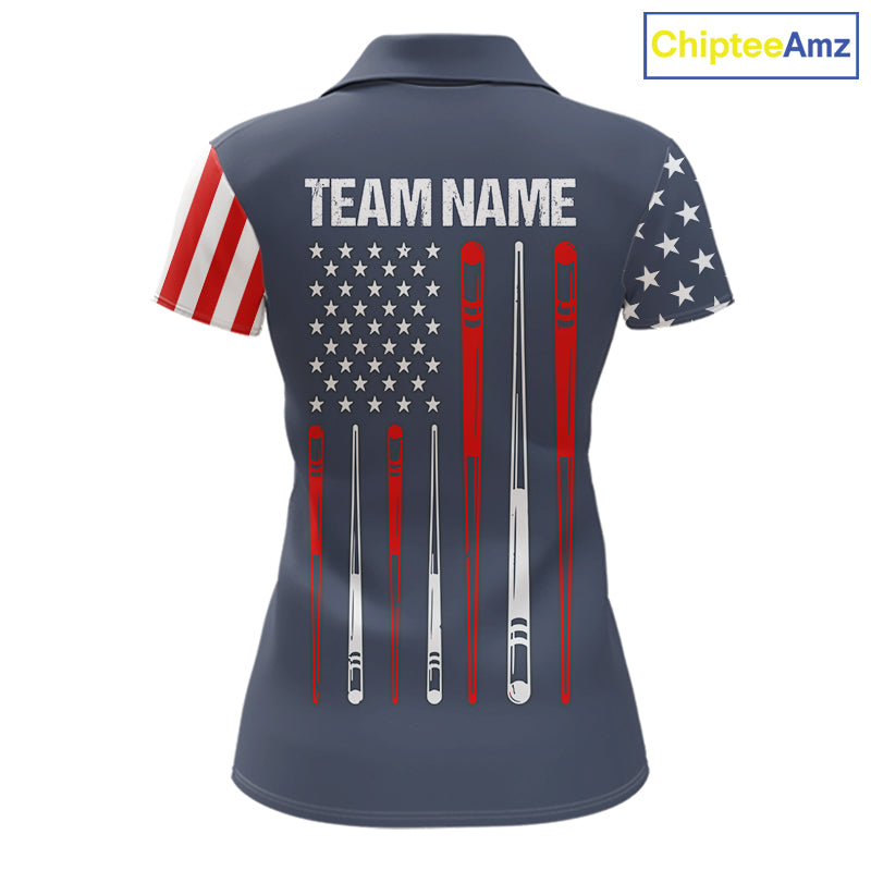 Personalized navy American flag 8 ball pool billiard team jersey polo shirt for women, custom patriotic pool league apparel and tournament jersey.