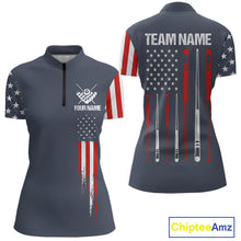 Load image into Gallery viewer, Personalized navy American flag 8 ball pool billiard quarter zip shirt for women, custom patriotic billiard team jersey.