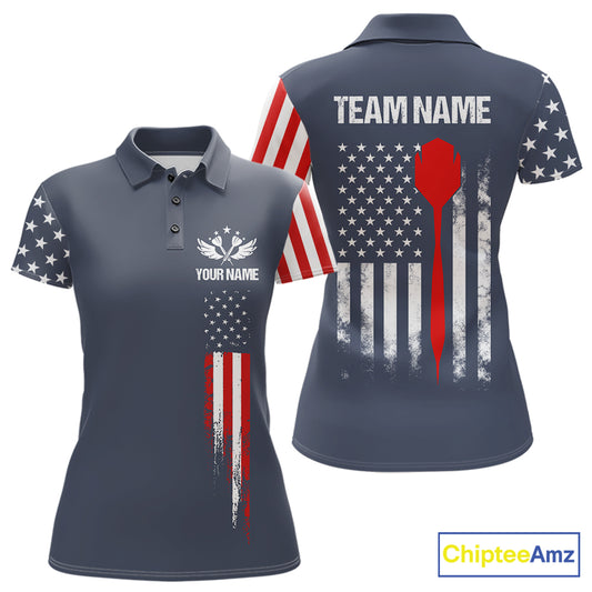 Personalized navy American flag patriotic darts team jersey polo shirt for women, custom darts league apparel and tournament jersey.