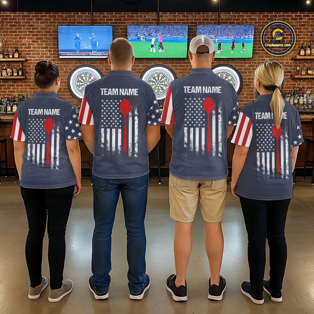 Darts team wearing matching navy American flag patriotic darts jerseys back view.