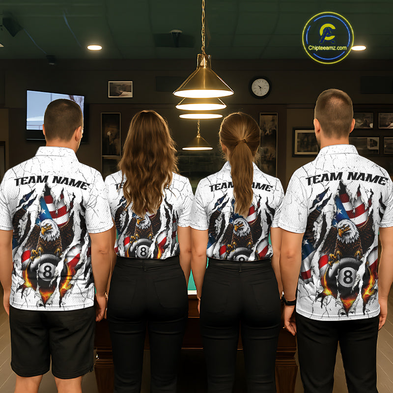 Custom US Flag Eagle Fire 8 Ball Billiard Jersey For Women, White Grunge Patriotic Pool Team Shirt TDM7176