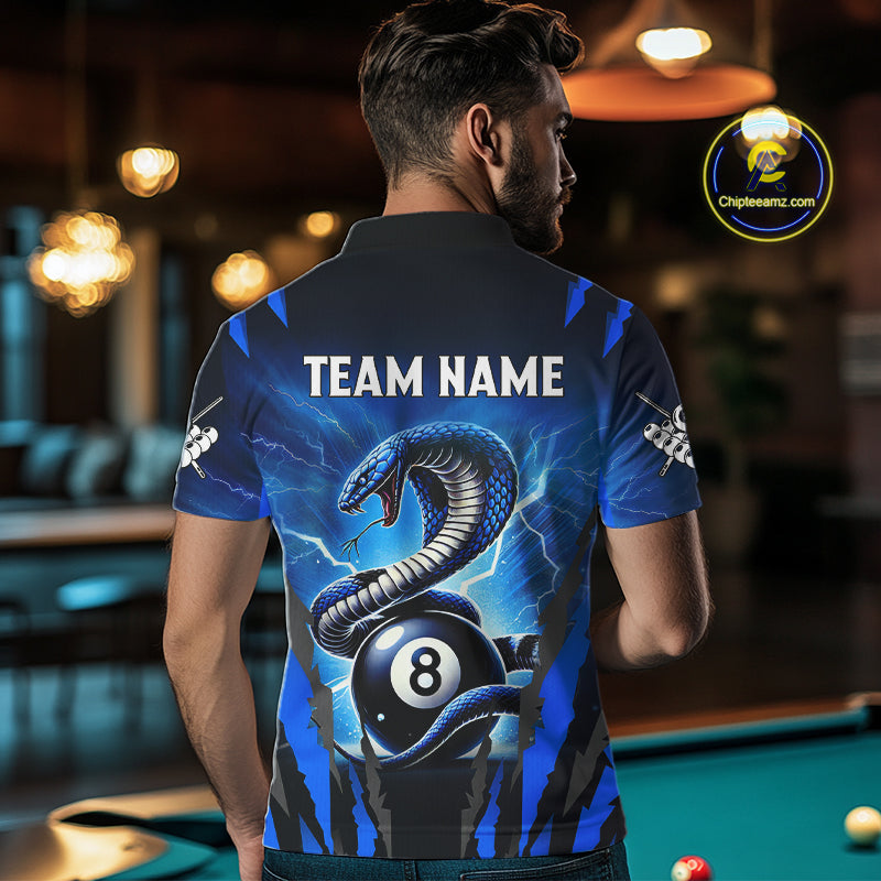 Personalized Thunder Lightning Cobra Snake Men Billiard Shirts, 8 Ball Billiard Team Jerseys |Blue TDM2680