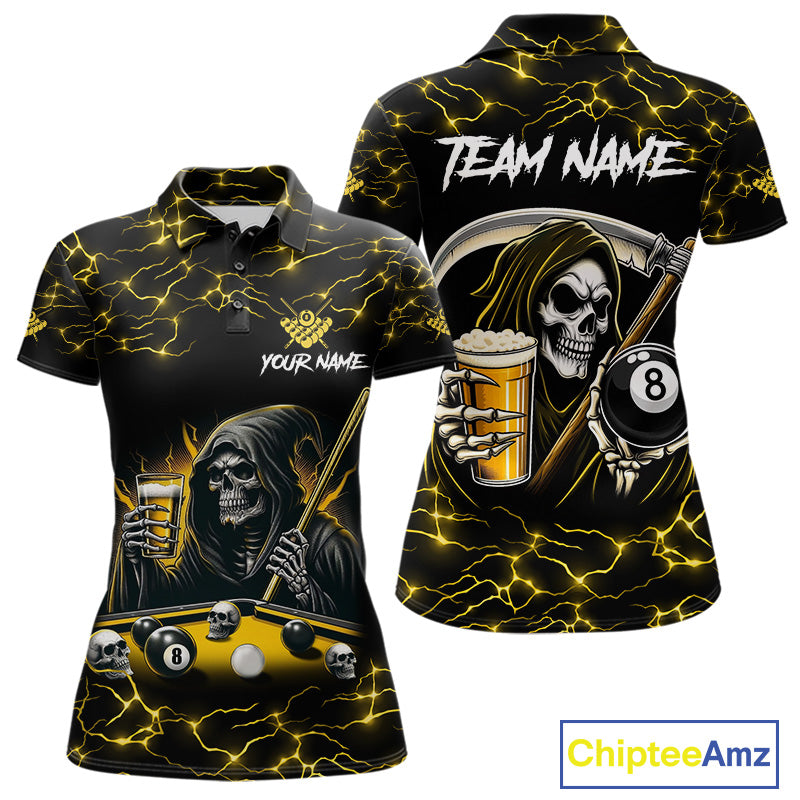Yellow Funny Grim Reaper & Beer Billiard Shirts For Women Custom 8 Ball Lightning Billiard Jerseys TDM2939