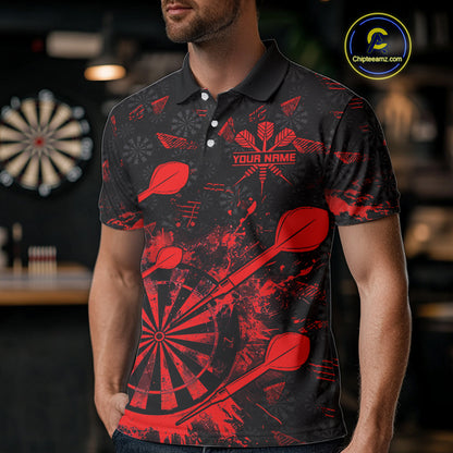 Black And Red Grunge Darts Polo, Quarter Zip For Men Custom Dart Shirts For Team, Dart Jerseys TDM5152