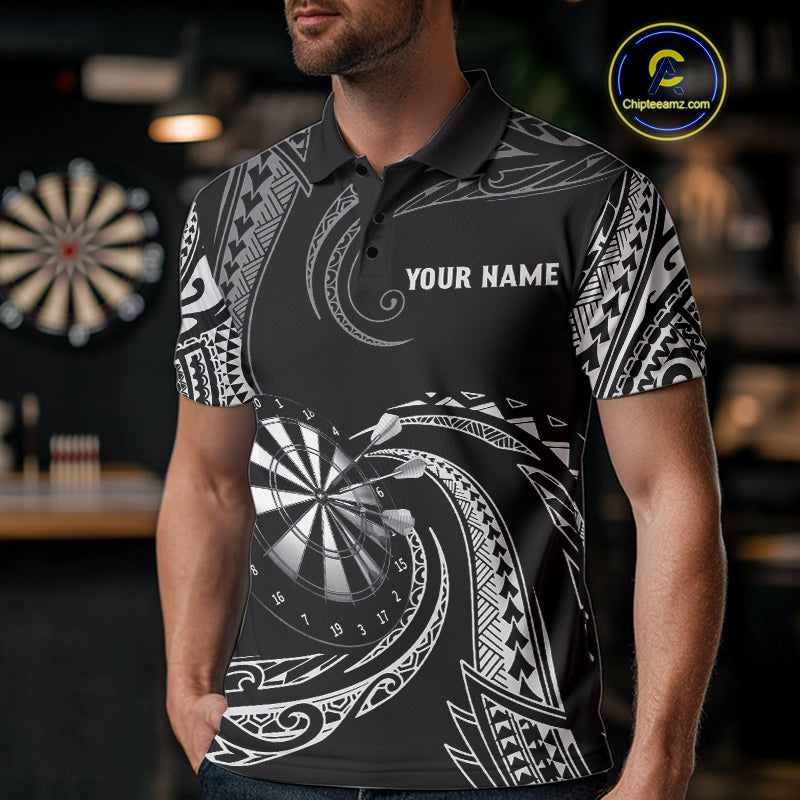 Personalized White Black Tribal Polynesian Mens Dart Shirts Custom Dart Polo & 1/4 Zip Team Jersey TDM5155