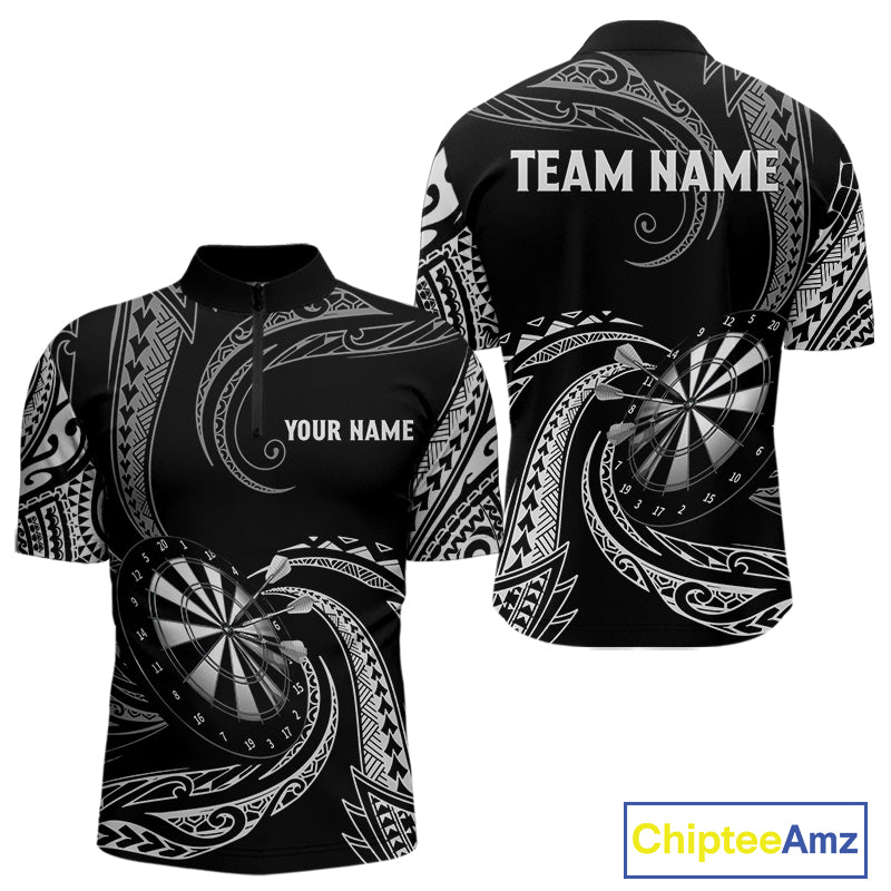 Personalized White Black Tribal Polynesian Mens Dart Shirts Custom Dart Polo & 1/4 Zip Team Jersey TDM5155