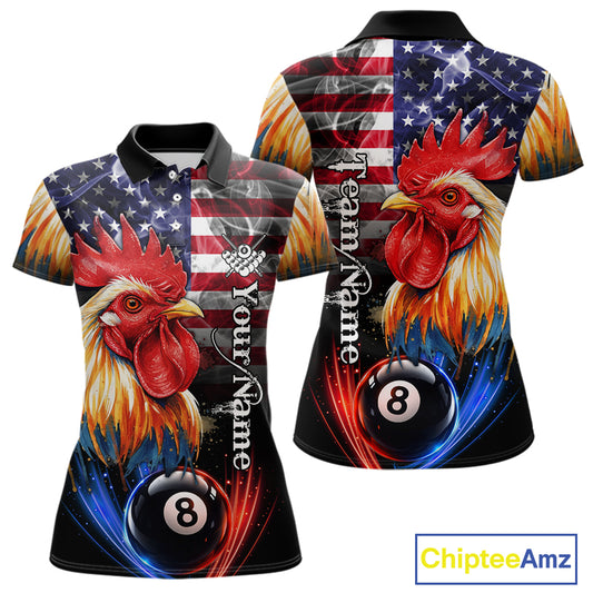 American Flag Smoke Rooster Billiard Shirt For Women Custom 8 Ball Pool Team Jersey Polo & 1/4 Zip TDM5883