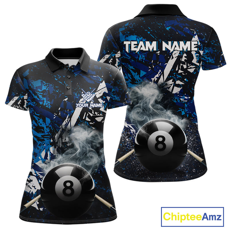 Custom Blue Camo 8 Ball Pool Smoke Billiard Shirt For Women, Billiard Team Jersey Polo & 1/4 Zip TDM6031