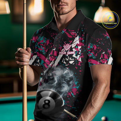 Custom Pink And Teal Camo 8 Ball Smoke Billiard Shirt For Men, Pool Team Jersey Polo & 1/4 Zip TDM6033