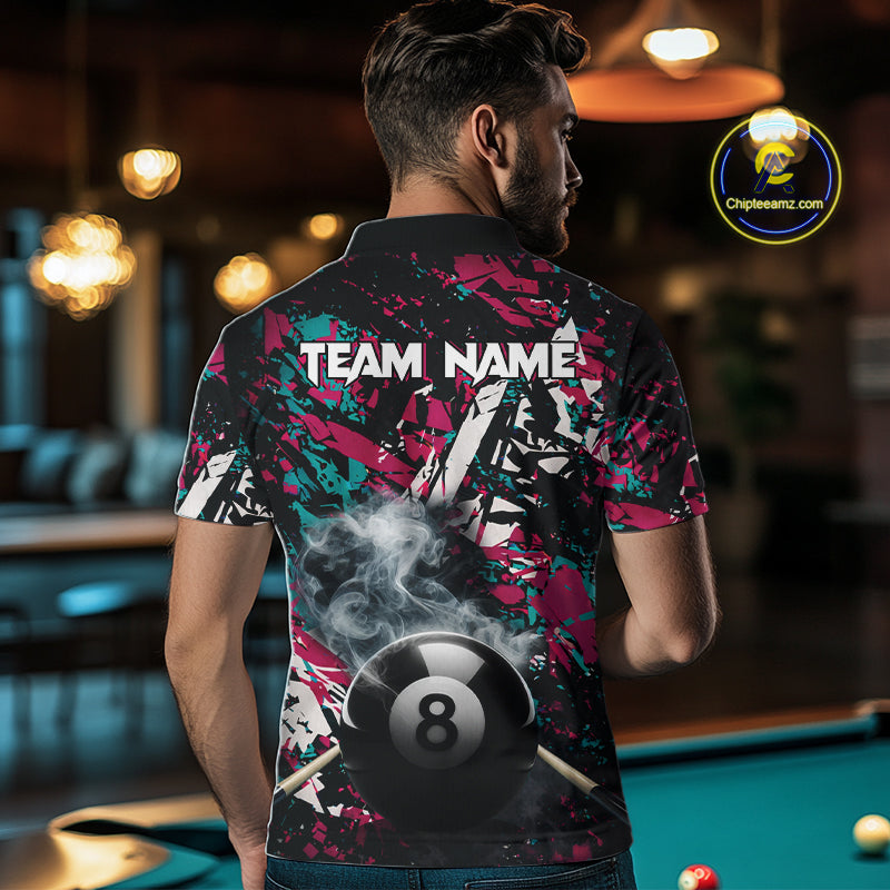 Custom Pink And Teal Camo 8 Ball Smoke Billiard Shirt For Men, Pool Team Jersey Polo & 1/4 Zip TDM6033