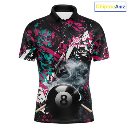 Custom Pink And Teal Camo 8 Ball Smoke Billiard Shirt For Men, Pool Team Jersey Polo & 1/4 Zip TDM6033