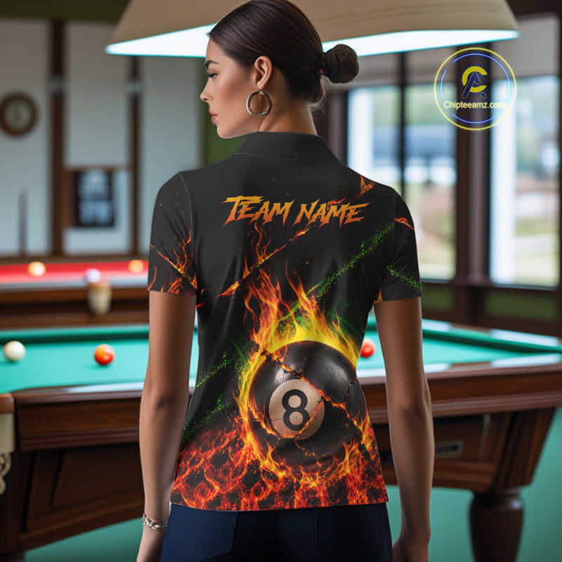 Back view of woman wearing a crack fire flame 8 ball pool shirt in a billiards hall.