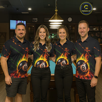 Pool team wearing matching crack fire flame 8 ball billiard jerseys during league matches front view.