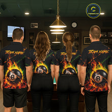 Load image into Gallery viewer, Back view of pool players wearing matching crack fire flame 8 ball billiard shirts in a game room.