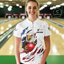 Load image into Gallery viewer, Woman wearing a white grunge American flag eagle bowling quarter zip jersey during league competition front view.