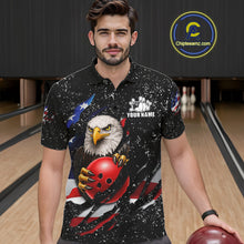 Load image into Gallery viewer, Man wearing a black grunge American flag eagle bowling polo shirt at a bowling alley front view.