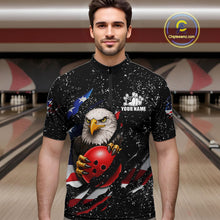 Load image into Gallery viewer, Man wearing a black grunge American flag eagle bowling quarter zip jersey during tournament play front view.