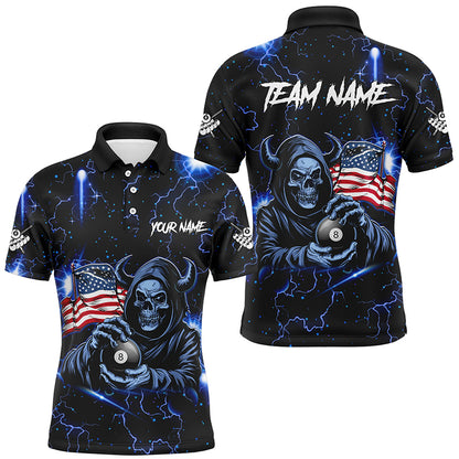 Blue Skull Thunder Lightning US Flag Custom Men Billiard Shirts, Patriotic Billiard Team Jerseys TDM1973