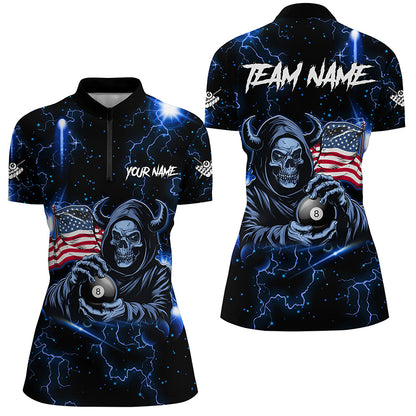 Blue Skull Thunder Lightning US Flag Custom Women Billiard Shirts, Patriotic Billiard Team Jerseys TDM1973