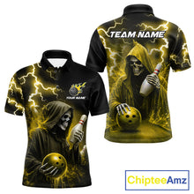 Load image into Gallery viewer, Yellow grim reaper lightning bowling team jersey polo shirt for men, custom bowling league apparel with skull design and tournament-ready style.