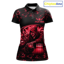 Load image into Gallery viewer, Custom red grim reaper lightning bowling team jersey polo shirt for women, skull bowling league apparel with bold lightning graphics.