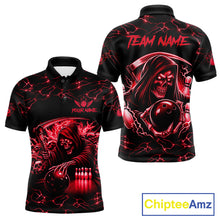Load image into Gallery viewer, Custom red grim reaper lightning bowling team jersey polo shirt for men, skull bowling league apparel with bold lightning graphics.