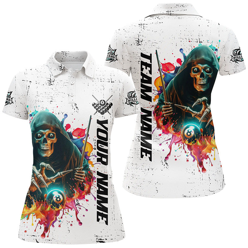 Billiard Skeleton Colorful Grunge Style Personalized Women Polo Shirts, Best Billiard Attire Design TDM1079