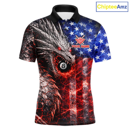 American Flag Dragon 8 Ball Billiard Shirt For Men Custom Lightning Pool Team Jersey Polo, 1/4 Zip TDM6034