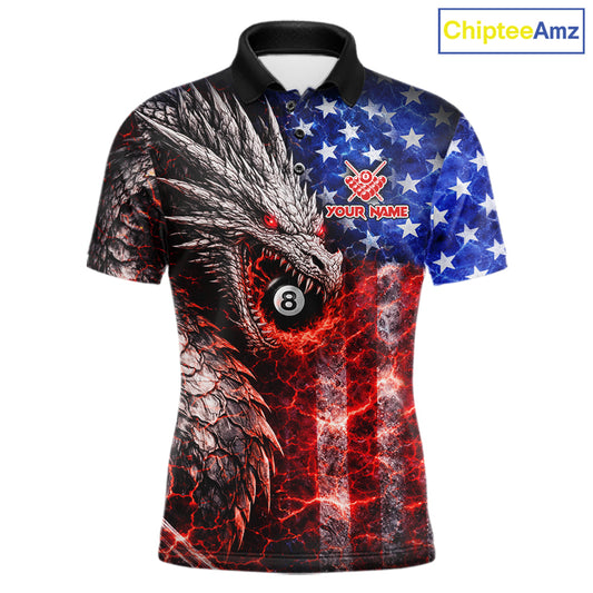 American Flag Dragon 8 Ball Billiard Shirt For Men Custom Lightning Pool Team Jersey Polo, 1/4 Zip TDM6034