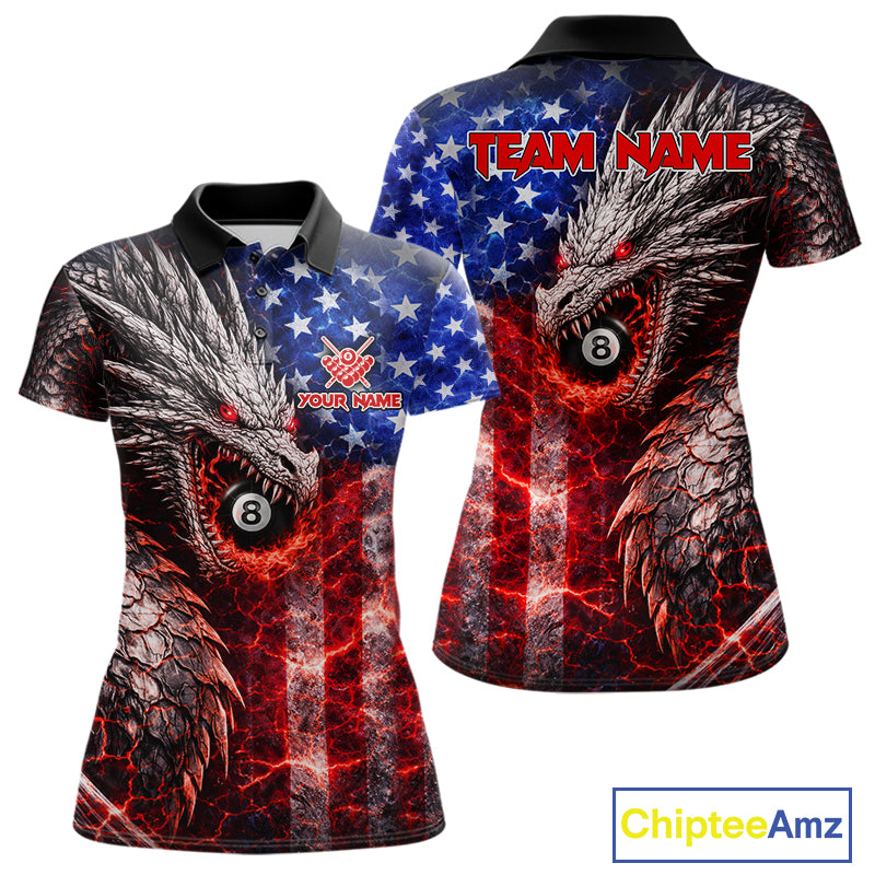 American Flag Dragon 8 Ball Billiard Shirt For Women Custom Lightning Pool Team Jersey Polo, 1/4 Zip TDM6034