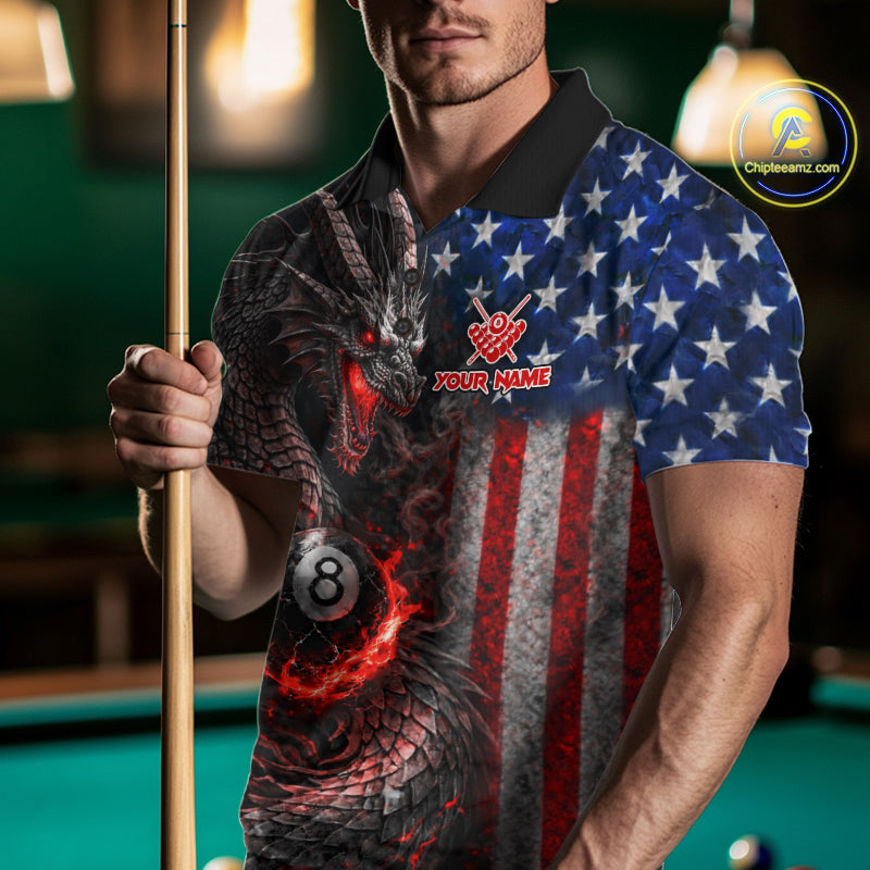 American Flag Dragon 8 Ball Fire Billiard Shirt For Men Custom Pool Team Jersey Polo, 1/4 Zip TDM6035