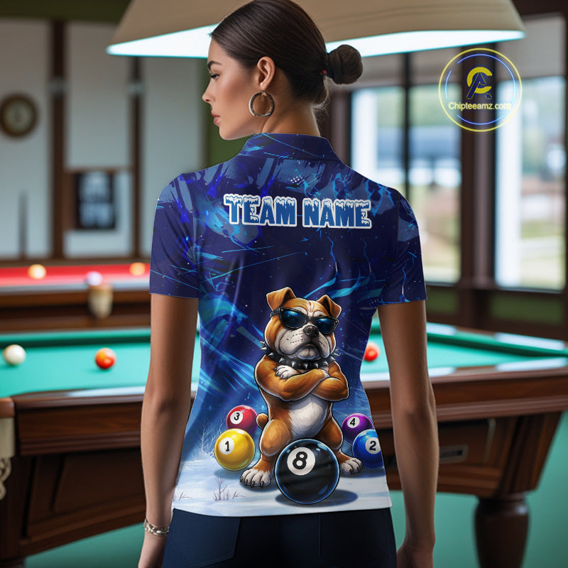 Funny Bulldog Pool Balls Billiard Shirt For Women Custom Billiard Team Jersey Polo & 1/4 Zip |Blue TDM6041