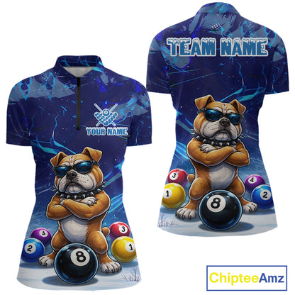Funny Bulldog Pool Balls Billiard Shirt For Women Custom Billiard Team Jersey Polo & 1/4 Zip |Blue TDM6041
