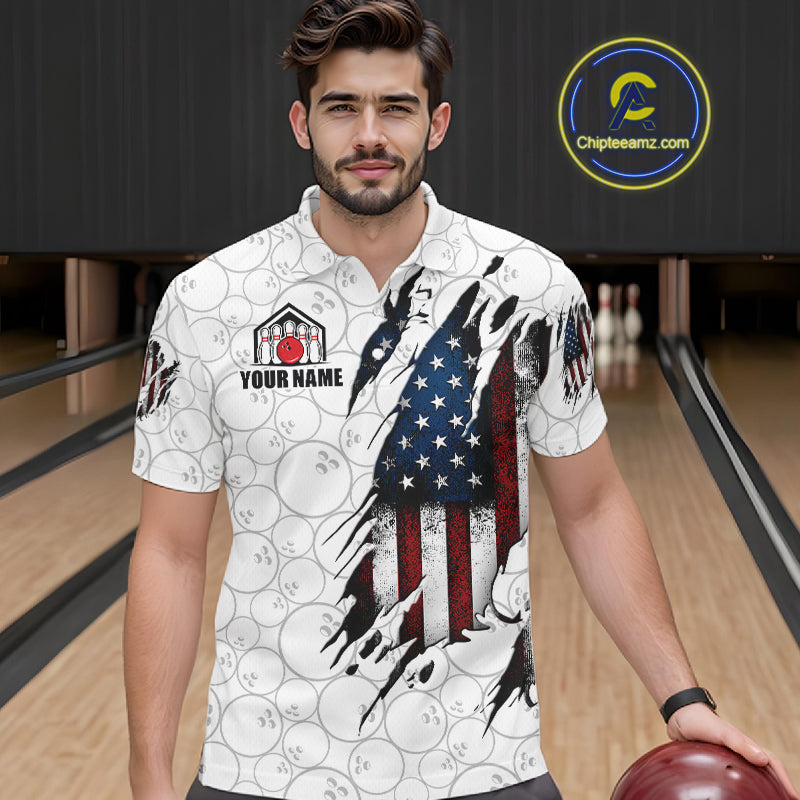 Man wearing a vintage American flag white bowling polo shirt at a bowling alley front view.