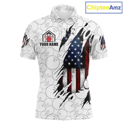Vintage American flag white bowling polo shirt for men with patriotic team graphics.