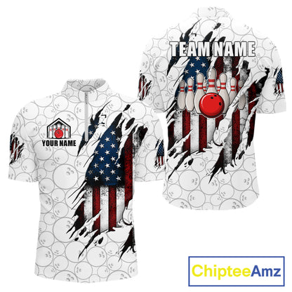 Vintage American flag white bowling quarter zip shirt for men designed for league play and tournaments.
