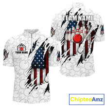 Load image into Gallery viewer, Vintage American flag white bowling quarter zip shirt for men designed for league play and tournaments.
